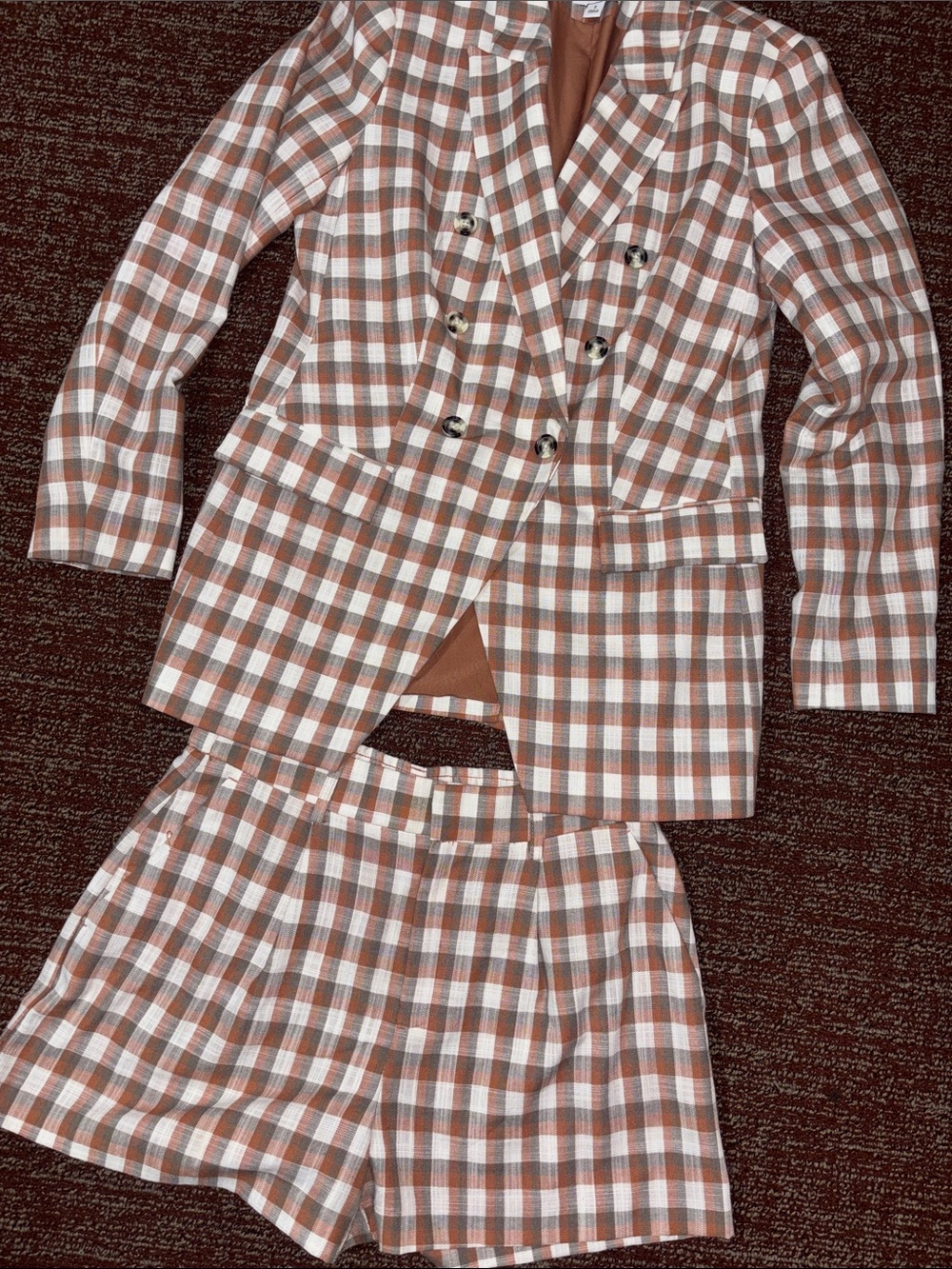 Checked plaid Double-Breasted Blazer & Shorts Set in Brown/White Classic girly S